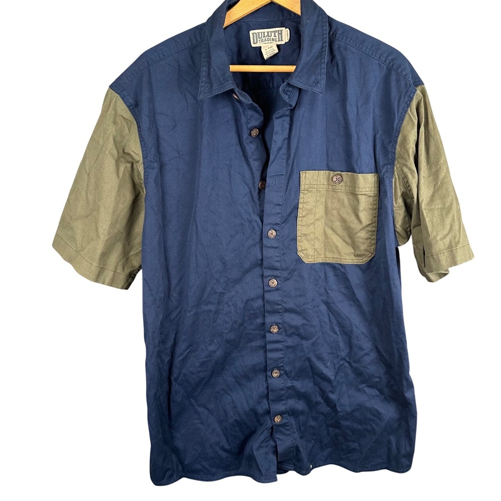 Duluth Trading Co Mens Large Tall Navy Olive Colorblock Logo Work Shirt Relaxed